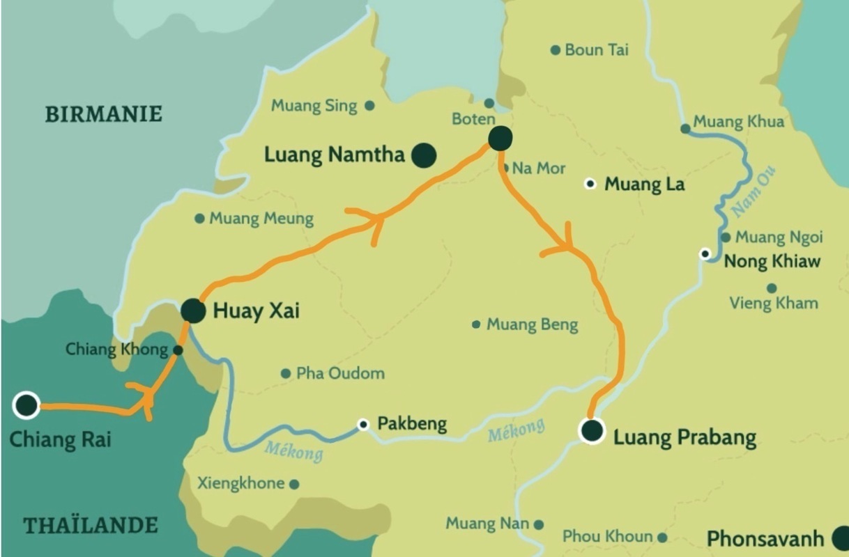 En orange notre parcours depuis la Thaïlande jusqu’ici, pas de route toute plus courte sauf longer le Mékong, qu’on avait prévu d’ailleurs et c’est 2j de navigation mais on a changé nos plans