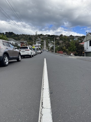 Vue prise en bas de Baldwin Street, avant la pente de 35%