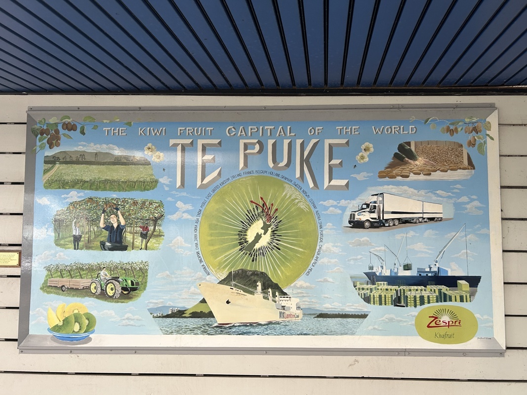 Un des panneau dans la ville pour dire que c’est la capitale mondiale du kiwi