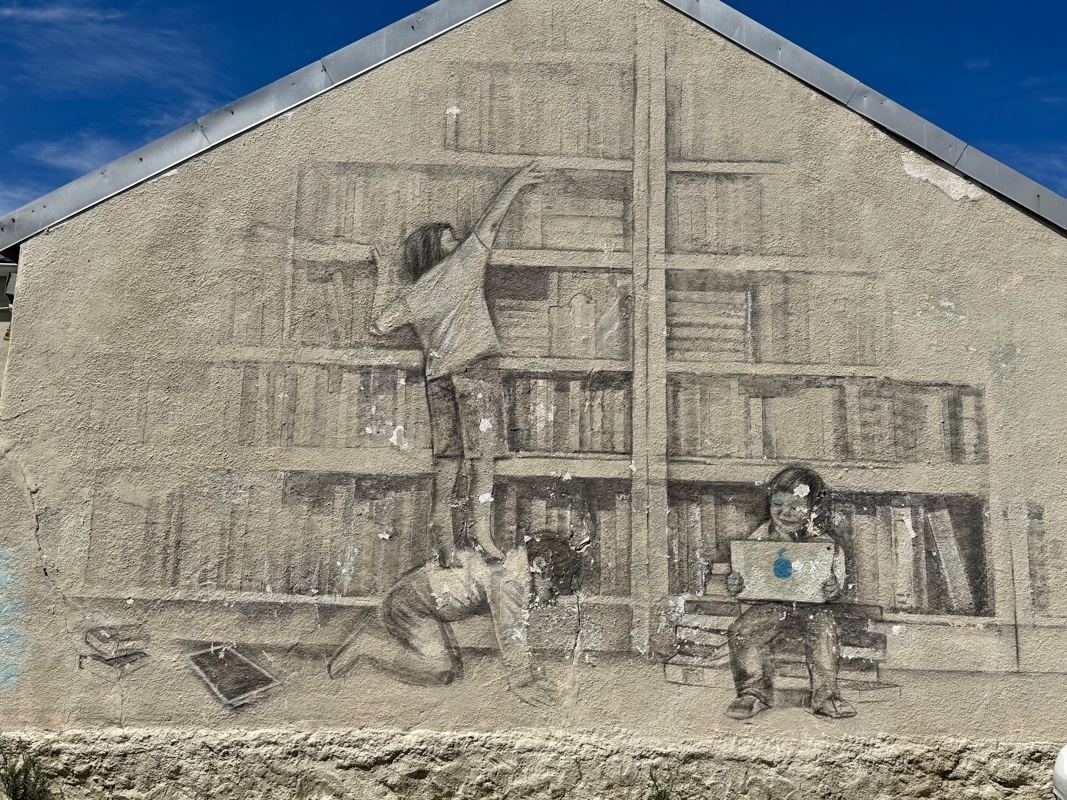 et là? une bibliothèque, des enfants qui s'aident pour attraper des livres et de l'autre coté, un enfant assis sur les livres, seul, avec son ordinateur à la pomme