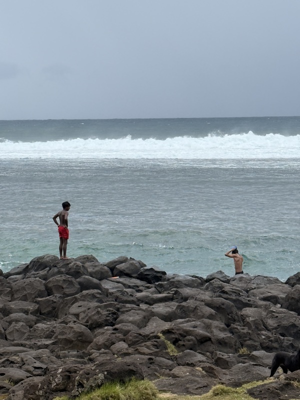3 jeunes plongent et se laissent pourter par un courant très fortr pour revenir au rivage. interdiction de se baigner. ils savent